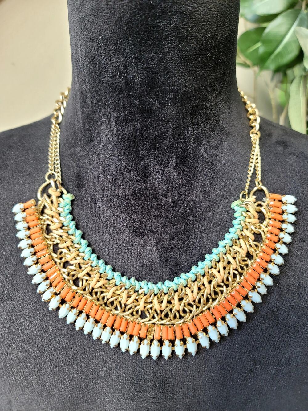 Gold Tone Multi Strand Beaded Bib Statement Necklace Orange Turquoise Collar